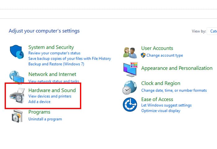 انتخاب گزینه Hardware and Sound