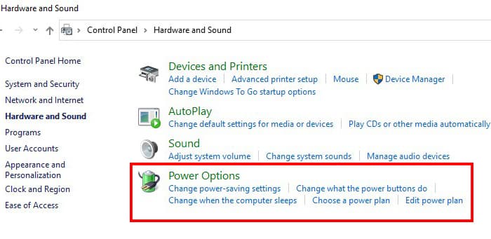 انتخاب گزینه power option