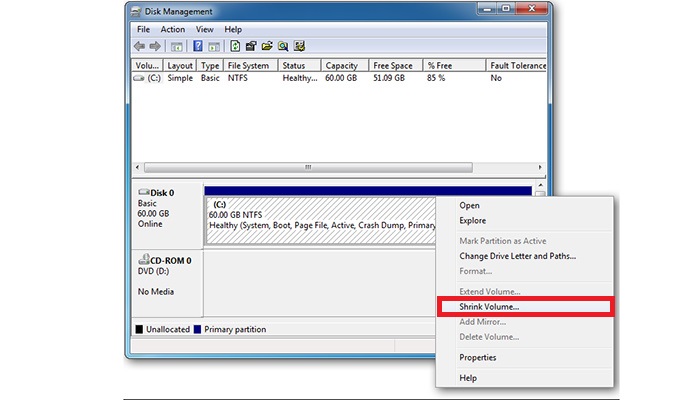 گزینه "shrink volume" را انتخاب کنید.