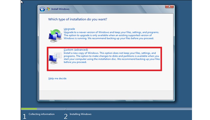 گزینه custom (advanced)" را انتخاب کنید.